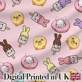 Cute Bunny Ice Cream Donut Chick Kawaii Seamless Pattern Blush Background Digital Print Fabric by the Metre UK Sewing Quilting Textile