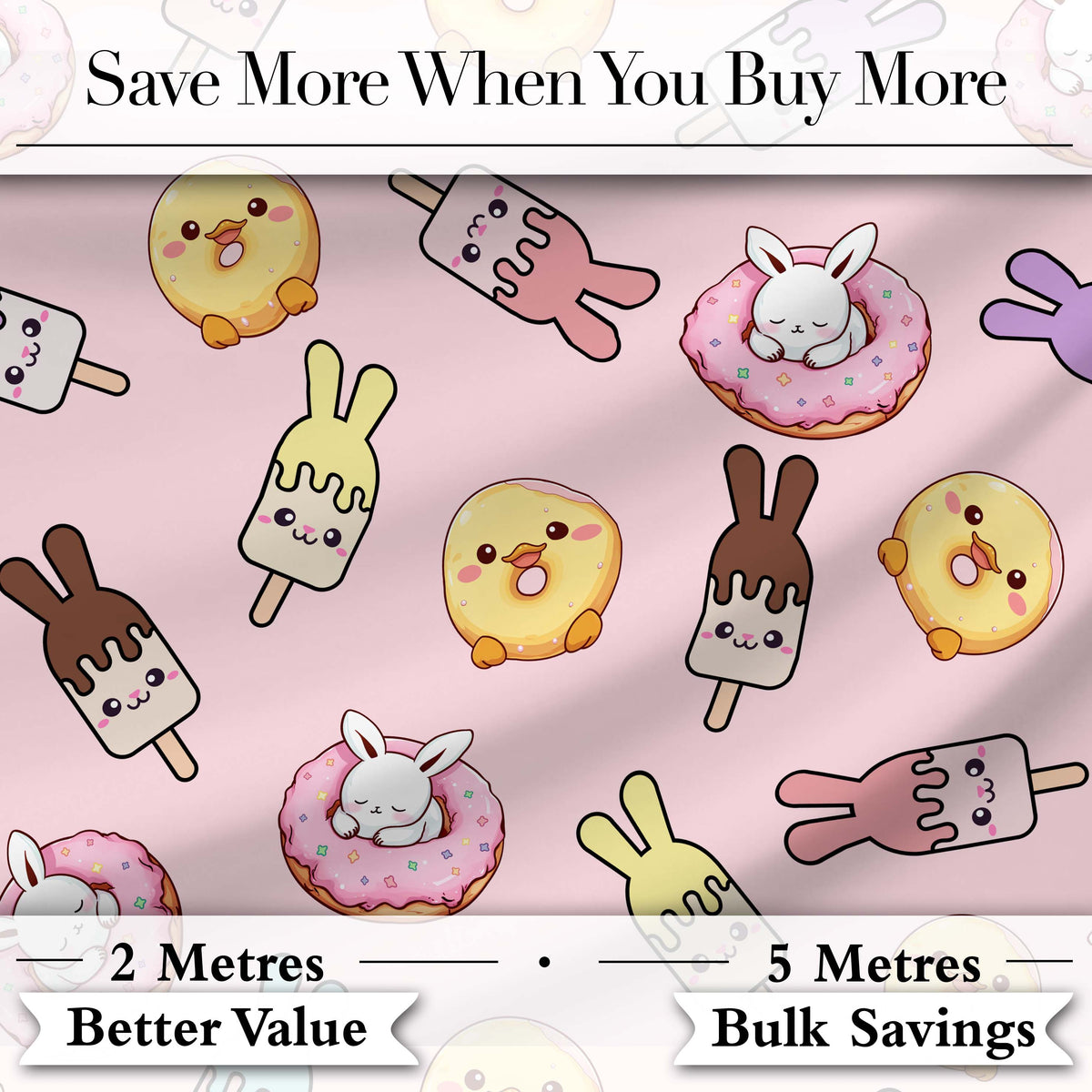Cute Bunny Ice Cream Donut Chick Kawaii Seamless Pattern Blush Background Digital Print Fabric by the Metre UK Sewing Quilting Textile