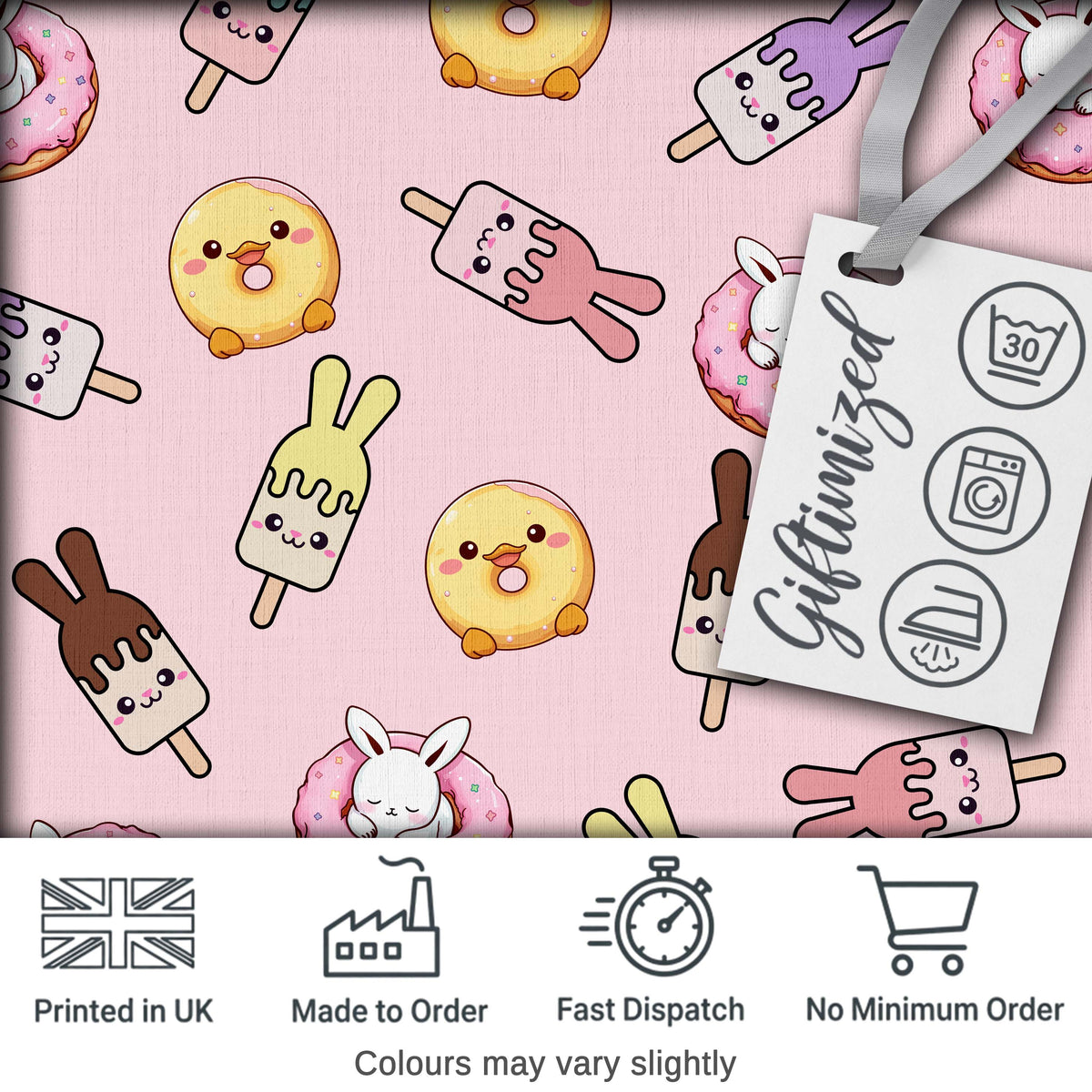 Cute Bunny Ice Cream Donut Chick Kawaii Seamless Pattern Blush Background Digital Print Fabric by the Metre UK Sewing Quilting Textile