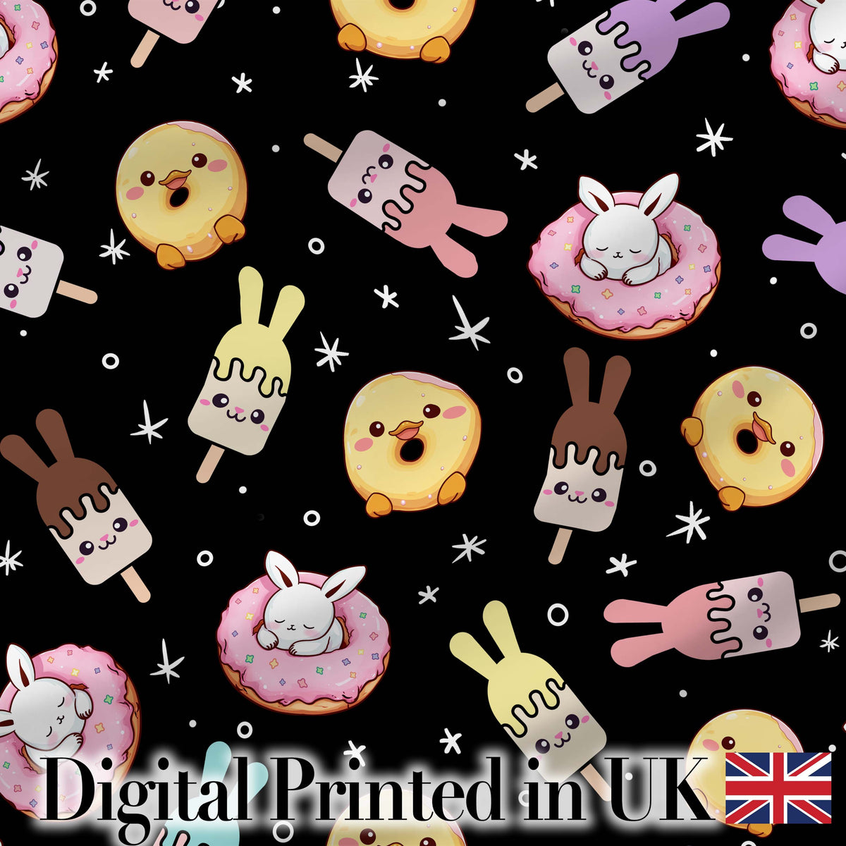 Cute Bunny Donut Ice Cream Kawaii Dessert Seamless Pattern Black Background Digital Print Fabric by the Metre UK Sewing Quilting Textile