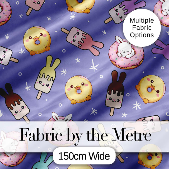 Cute Bunny Donut Ice Cream Kawaii Dessert Seamless Pattern Purple Background Digital Print Fabric by the Metre UK Sewing Quilting Textile