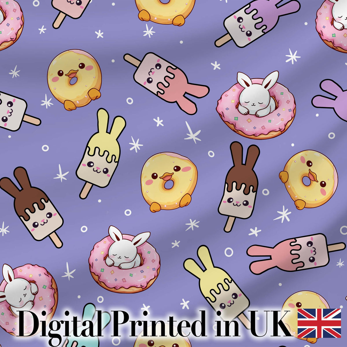 Cute Bunny Donut Ice Cream Kawaii Dessert Seamless Pattern Purple Background Digital Print Fabric by the Metre UK Sewing Quilting Textile
