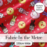 Cute Bunny Donut Ice Cream Kawaii Dessert Seamless Pattern Red Background Digital Print Fabric by the Metre UK Sewing Quilting Textile
