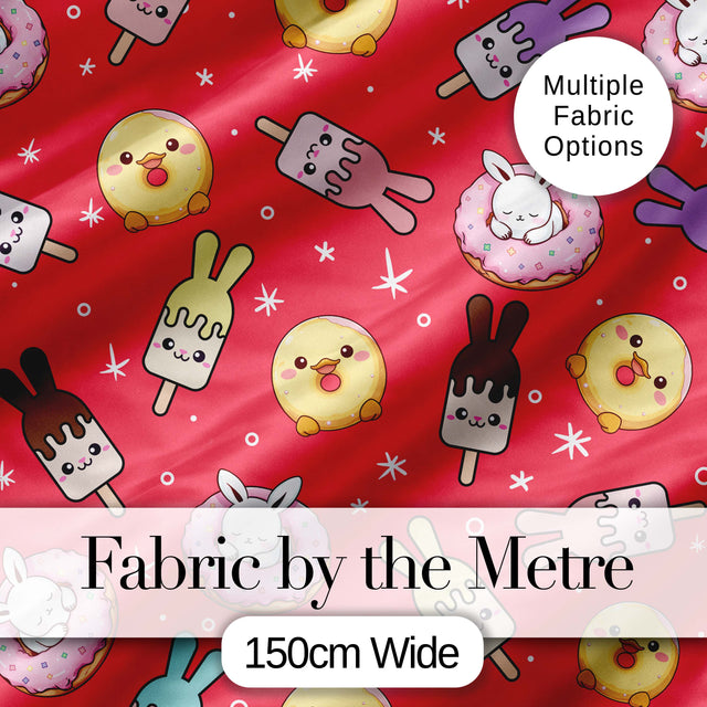 Cute Bunny Donut Ice Cream Kawaii Dessert Seamless Pattern Red Background Digital Print Fabric by the Metre UK Sewing Quilting Textile