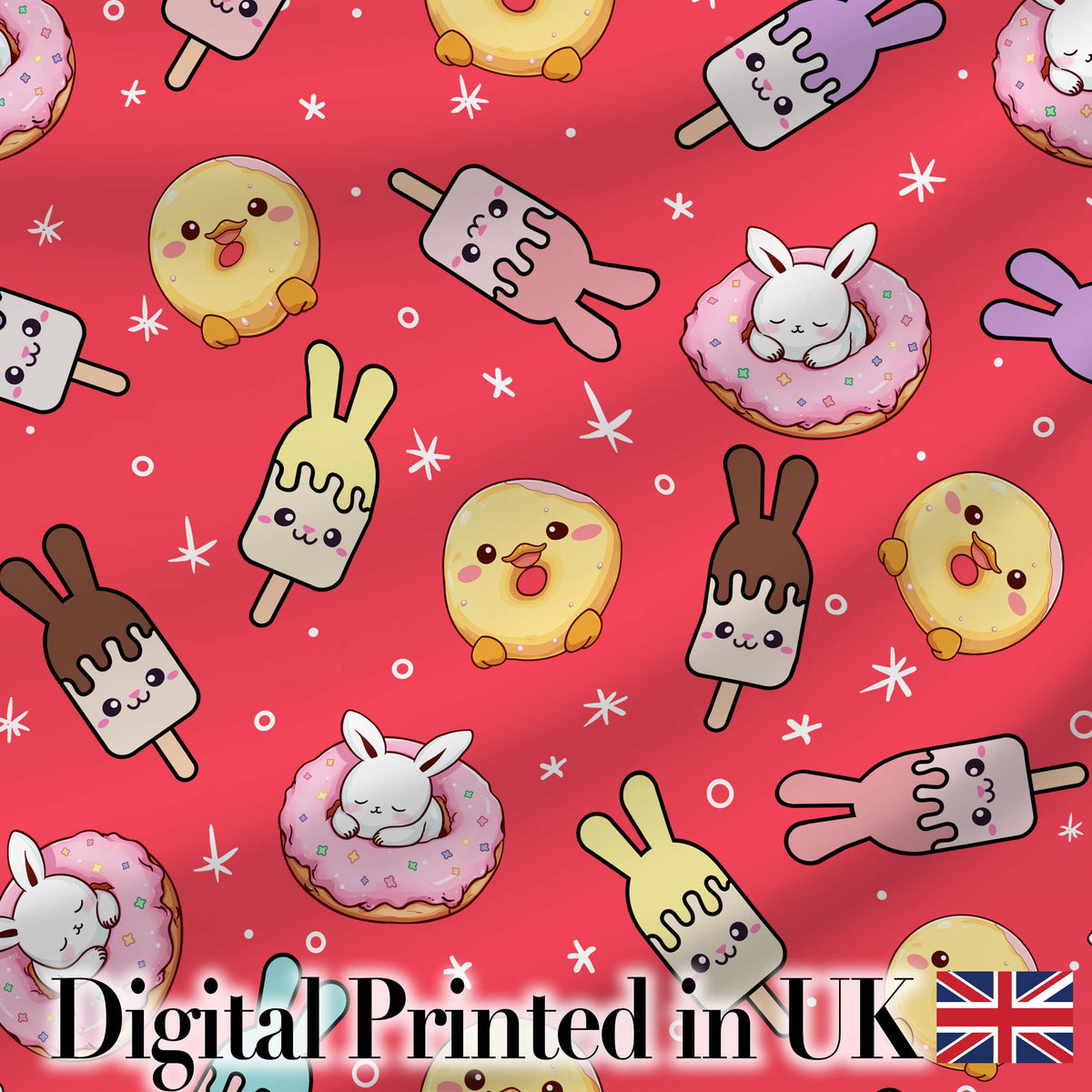 Cute Bunny Donut Ice Cream Kawaii Dessert Seamless Pattern Red Background Digital Print Fabric by the Metre UK Sewing Quilting Textile