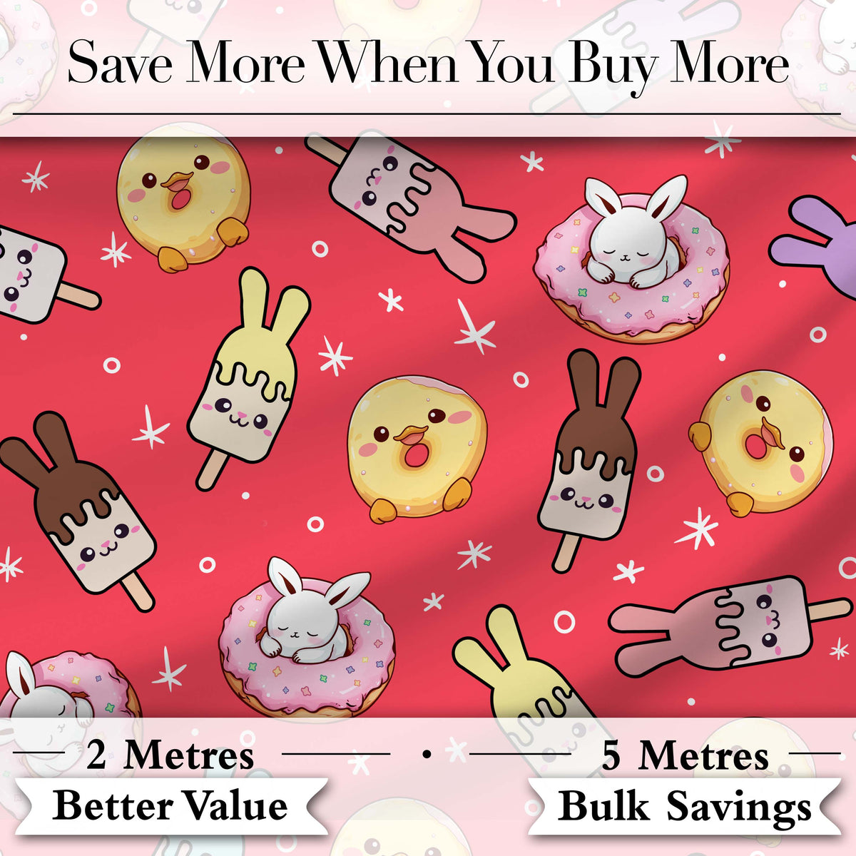 Cute Bunny Donut Ice Cream Kawaii Dessert Seamless Pattern Red Background Digital Print Fabric by the Metre UK Sewing Quilting Textile