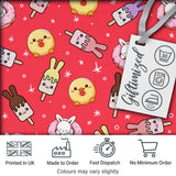 Cute Bunny Donut Ice Cream Kawaii Dessert Seamless Pattern Red Background Digital Print Fabric by the Metre UK Sewing Quilting Textile