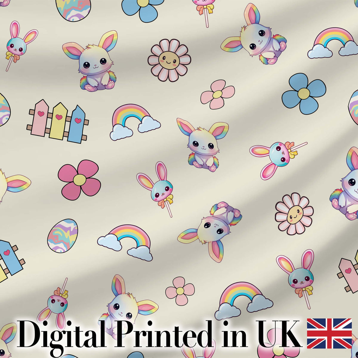 Cute Rainbow Bunny Flower Easter Egg Seamless Pattern Cream Background Digital Print Fabric by the Metre UK Sewing Quilting Textile