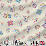 Cute Rainbow Bunny Flower Easter Egg Seamless Pattern Cream Background Digital Print Fabric by the Metre UK Sewing Quilting Textile