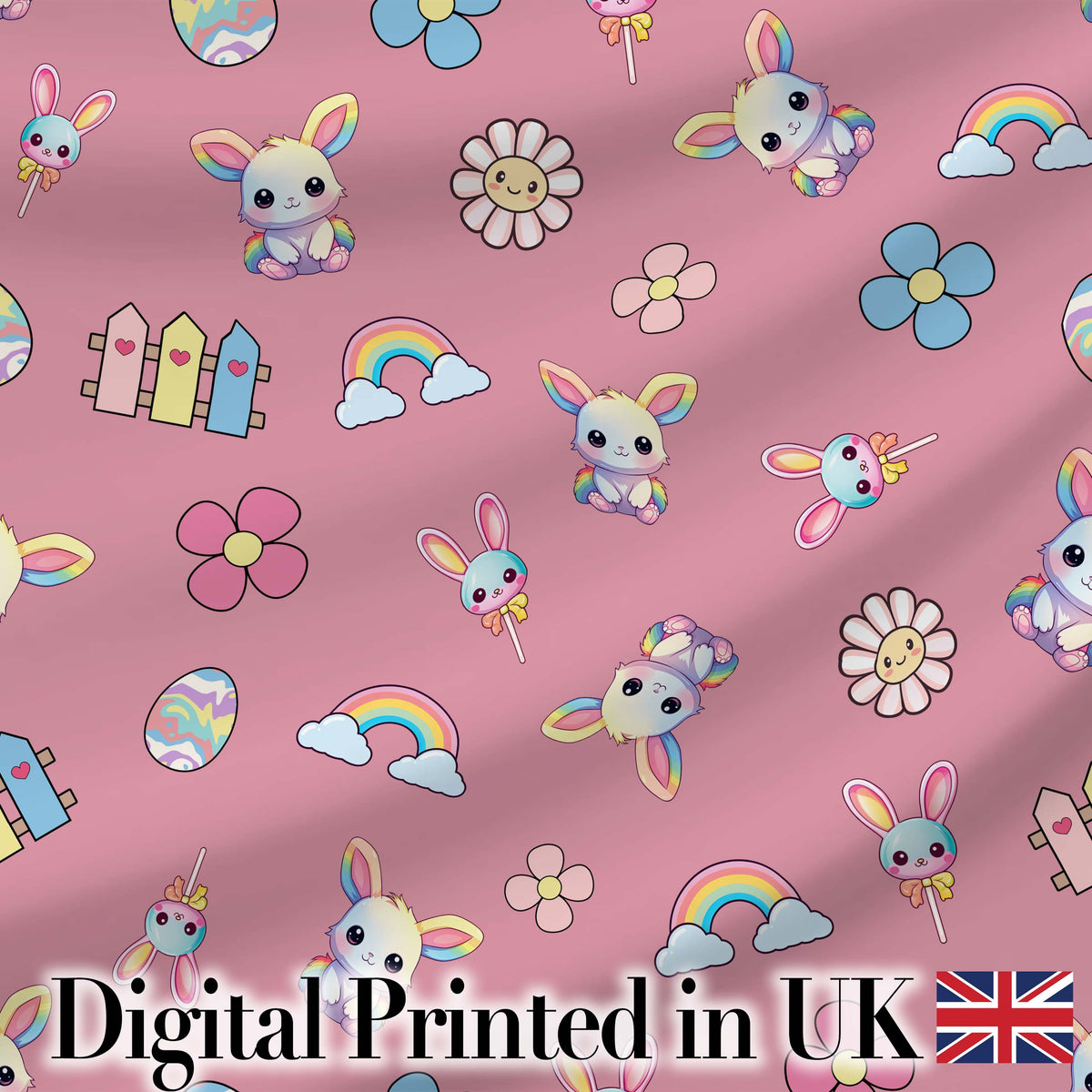 Cute Rainbow Bunny Flower Easter Egg Seamless Pattern Pink Background Digital Print Fabric by the Metre UK Sewing Quilting Textile