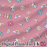 Cute Rainbow Bunny Flower Easter Egg Seamless Pattern Pink Background Digital Print Fabric by the Metre UK Sewing Quilting Textile