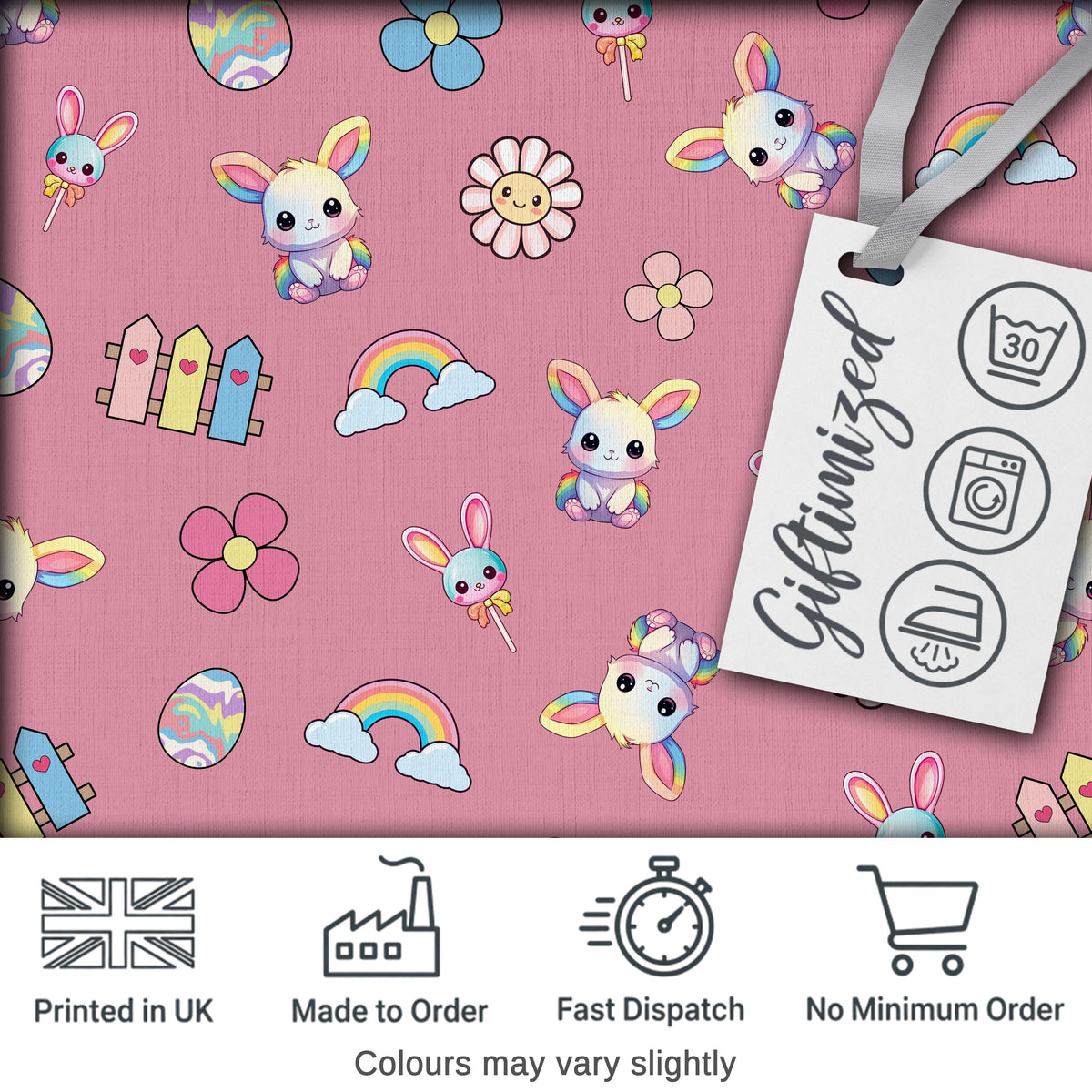 Cute Rainbow Bunny Flower Easter Egg Seamless Pattern Pink Background Digital Print Fabric by the Metre UK Sewing Quilting Textile
