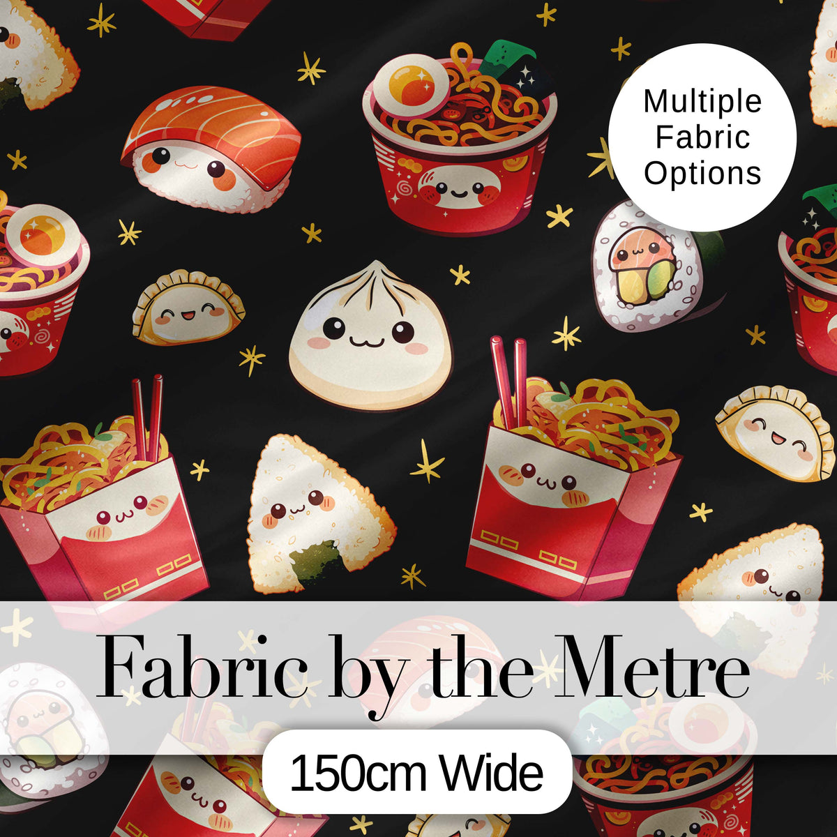 Cute Kawaii Sushi Ramen Dumpling Asian Food Seamless Pattern Black Background Digital Print Fabric by the Metre UK Sewing Quilting Textile
