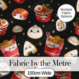 Cute Kawaii Sushi Ramen Dumpling Asian Food Seamless Pattern Black Background Digital Print Fabric by the Metre UK Sewing Quilting Textile
