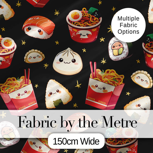 Cute Kawaii Sushi Ramen Dumpling Asian Food Seamless Pattern Black Background Digital Print Fabric by the Metre UK Sewing Quilting Textile