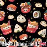 Cute Kawaii Sushi Ramen Dumpling Asian Food Seamless Pattern Black Background Digital Print Fabric by the Metre UK Sewing Quilting Textile