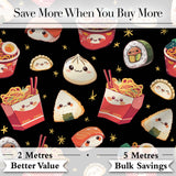 Cute Kawaii Sushi Ramen Dumpling Asian Food Seamless Pattern Black Background Digital Print Fabric by the Metre UK Sewing Quilting Textile