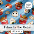 Cute Kawaii Sushi Ramen Dumpling Asian Food Seamless Pattern Blue Background Digital Print Fabric by the Metre UK Sewing Quilting Textile