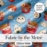 Cute Kawaii Sushi Ramen Dumpling Asian Food Seamless Pattern Blue Background Digital Print Fabric by the Metre UK Sewing Quilting Textile