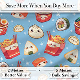 Cute Kawaii Sushi Ramen Dumpling Asian Food Seamless Pattern Blue Background Digital Print Fabric by the Metre UK Sewing Quilting Textile