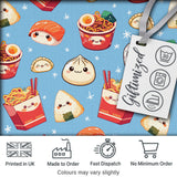 Cute Kawaii Sushi Ramen Dumpling Asian Food Seamless Pattern Blue Background Digital Print Fabric by the Metre UK Sewing Quilting Textile
