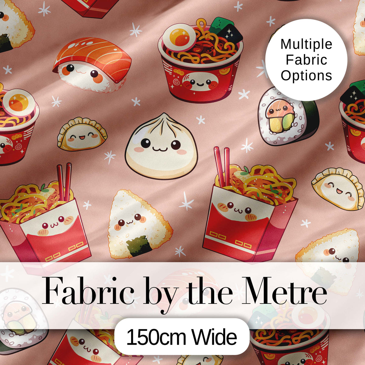 Cute Kawaii Sushi Ramen Dumpling Asian Food Seamless Pattern Peach Background Digital Print Fabric by the Metre UK Sewing Quilting Textile