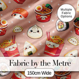 Cute Kawaii Sushi Ramen Dumpling Asian Food Seamless Pattern Peach Background Digital Print Fabric by the Metre UK Sewing Quilting Textile