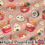 Cute Kawaii Sushi Ramen Dumpling Asian Food Seamless Pattern Peach Background Digital Print Fabric by the Metre UK Sewing Quilting Textile