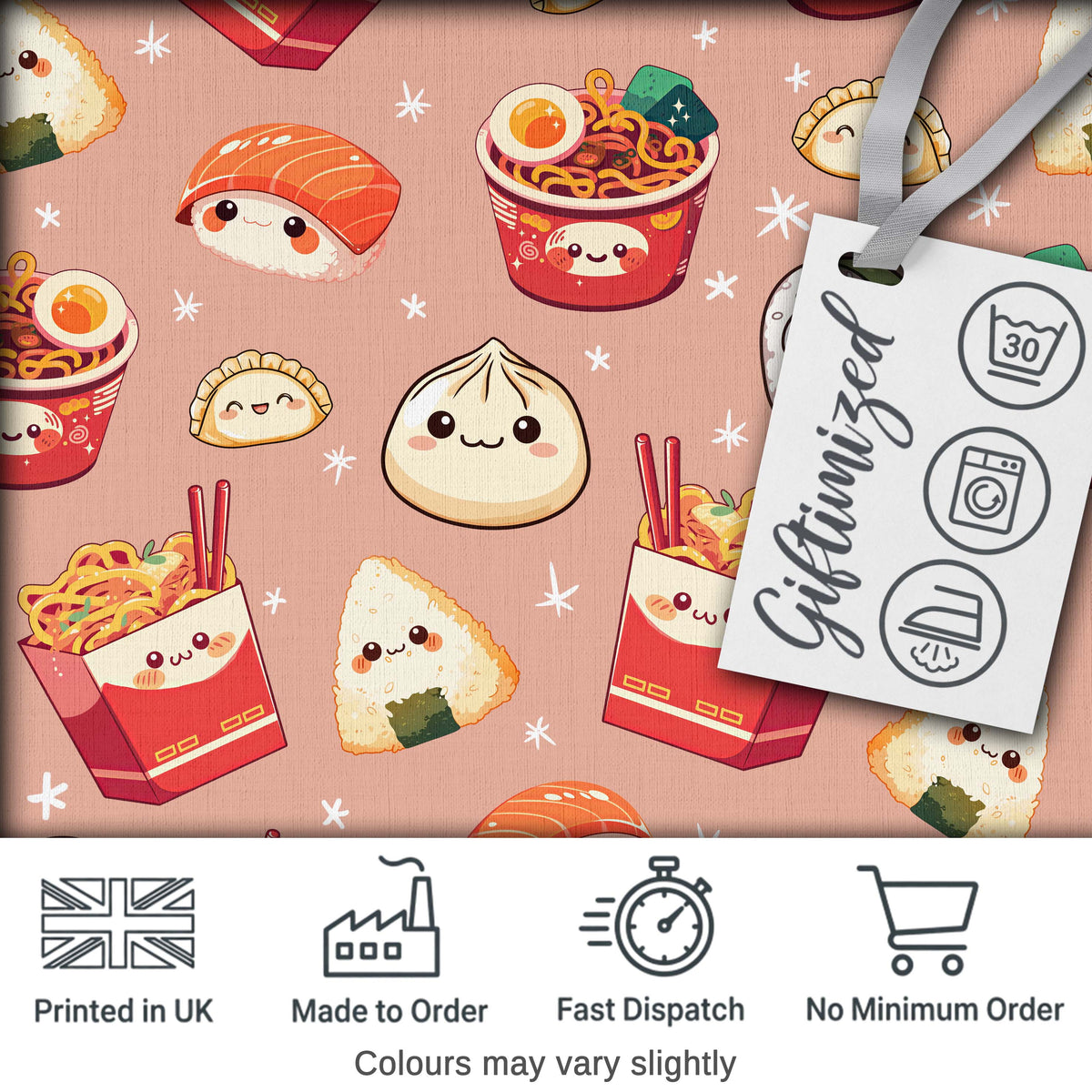 Cute Kawaii Sushi Ramen Dumpling Asian Food Seamless Pattern Peach Background Digital Print Fabric by the Metre UK Sewing Quilting Textile
