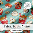 Cute Kawaii Sushi Ramen Dumpling Asian Food Seamless Pattern Teal Background Digital Print Fabric by the Metre UK Sewing Quilting Textile