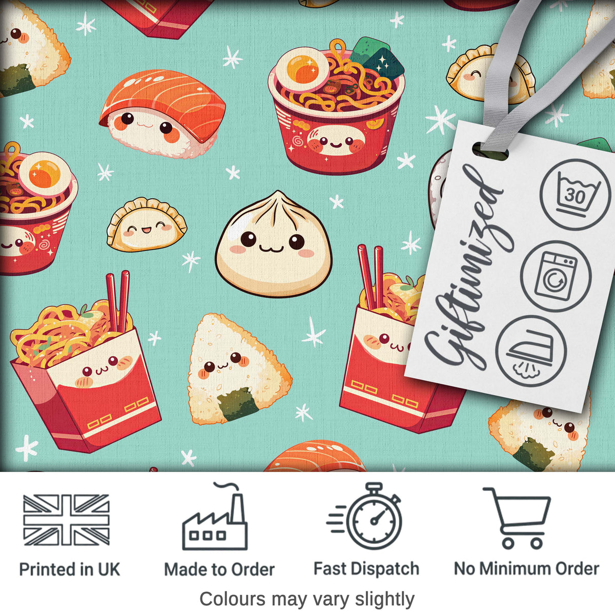 Cute Kawaii Sushi Ramen Dumpling Asian Food Seamless Pattern Teal Background Digital Print Fabric by the Metre UK Sewing Quilting Textile