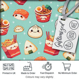 Cute Kawaii Sushi Ramen Dumpling Asian Food Seamless Pattern Teal Background Digital Print Fabric by the Metre UK Sewing Quilting Textile