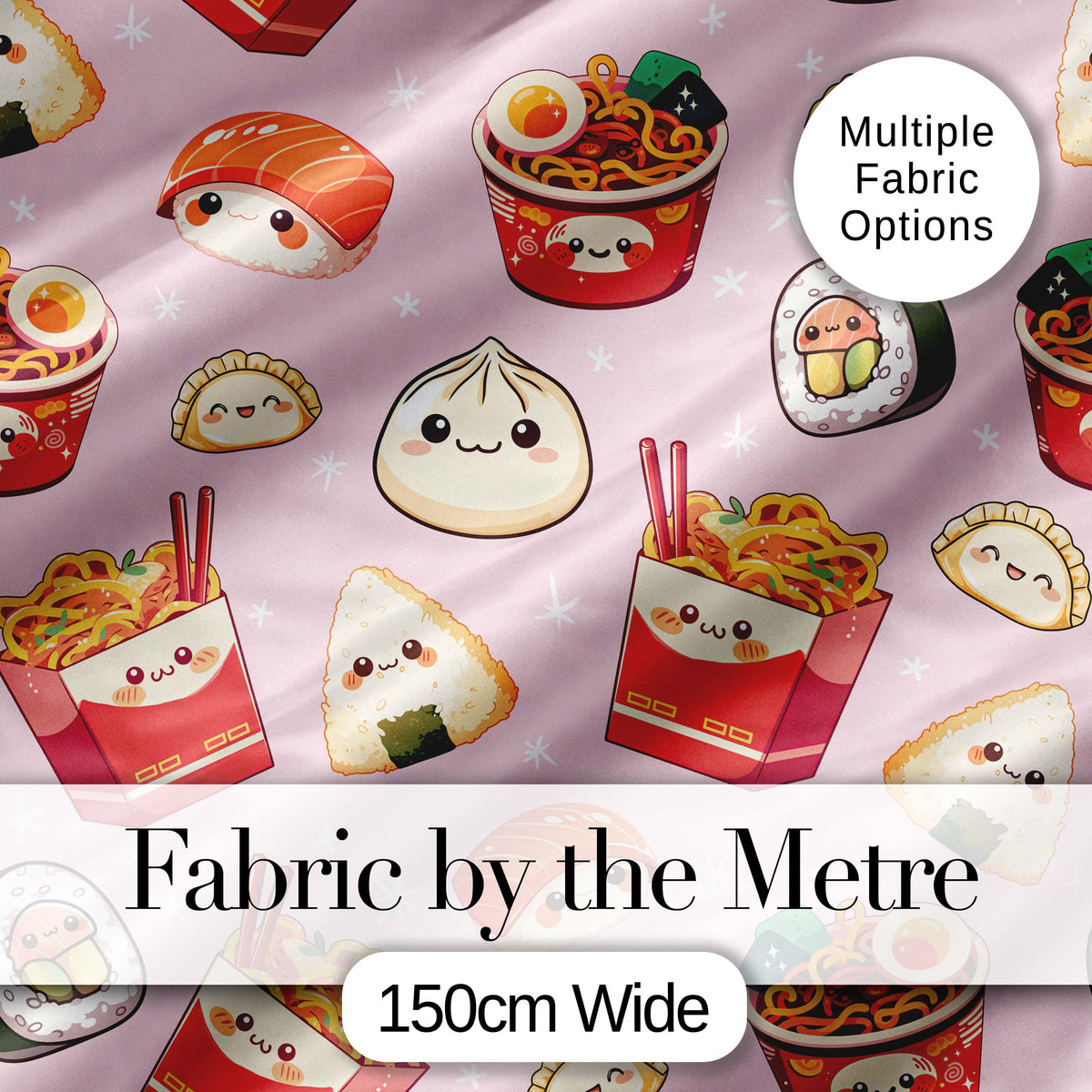 Kawaii Sushi Ramen Dumpling Asian Food Seamless Pattern Soft Pink Background Digital Print Fabric by the Metre UK Sewing Quilting Textile