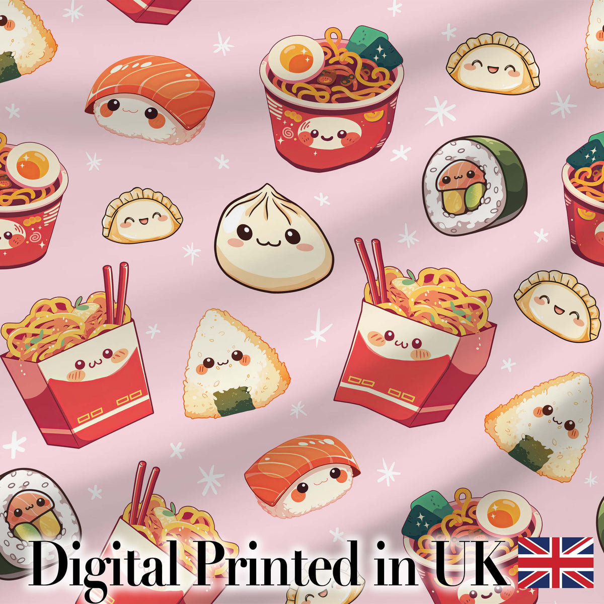 Kawaii Sushi Ramen Dumpling Asian Food Seamless Pattern Soft Pink Background Digital Print Fabric by the Metre UK Sewing Quilting Textile