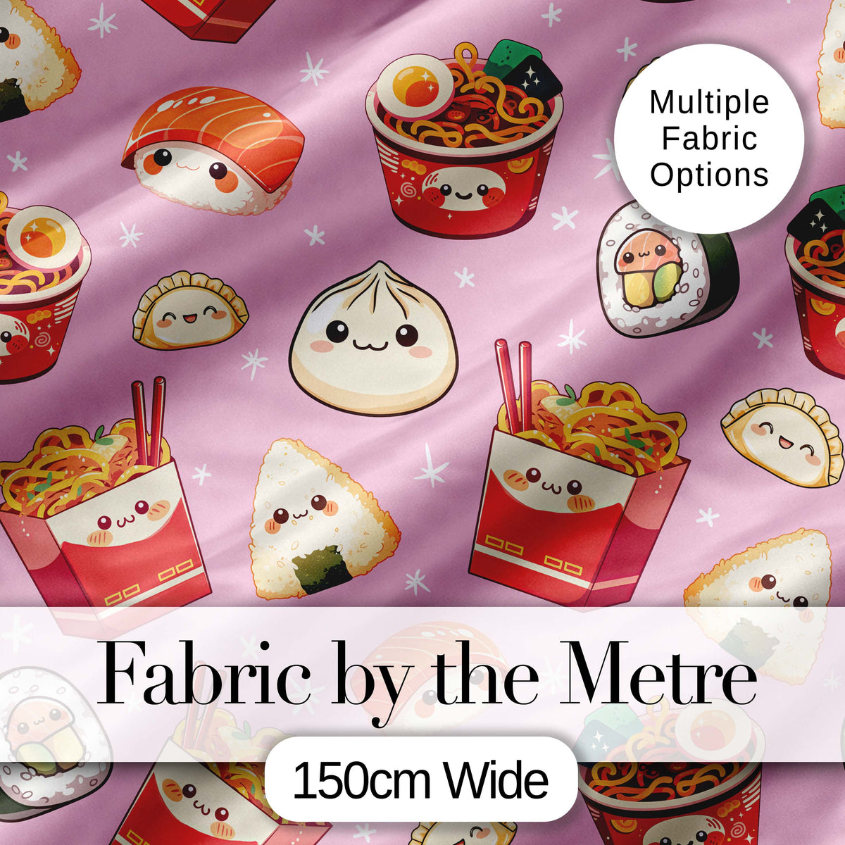 Kawaii Sushi Ramen Dumpling Asian Food Seamless Pattern Rose Pink Background Digital Print Fabric by the Metre UK Sewing Quilting Textile
