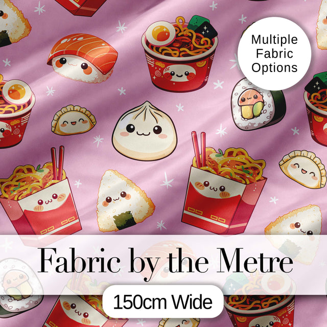 Kawaii Sushi Ramen Dumpling Asian Food Seamless Pattern Rose Pink Background Digital Print Fabric by the Metre UK Sewing Quilting Textile