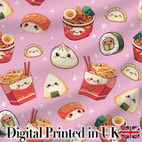 Kawaii Sushi Ramen Dumpling Asian Food Seamless Pattern Rose Pink Background Digital Print Fabric by the Metre UK Sewing Quilting Textile