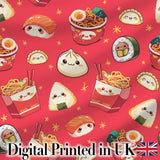 Cute Kawaii Sushi Ramen Dumpling Asian Food Seamless Pattern Red Background Digital Print Fabric by the Metre UK Sewing Quilting Textile