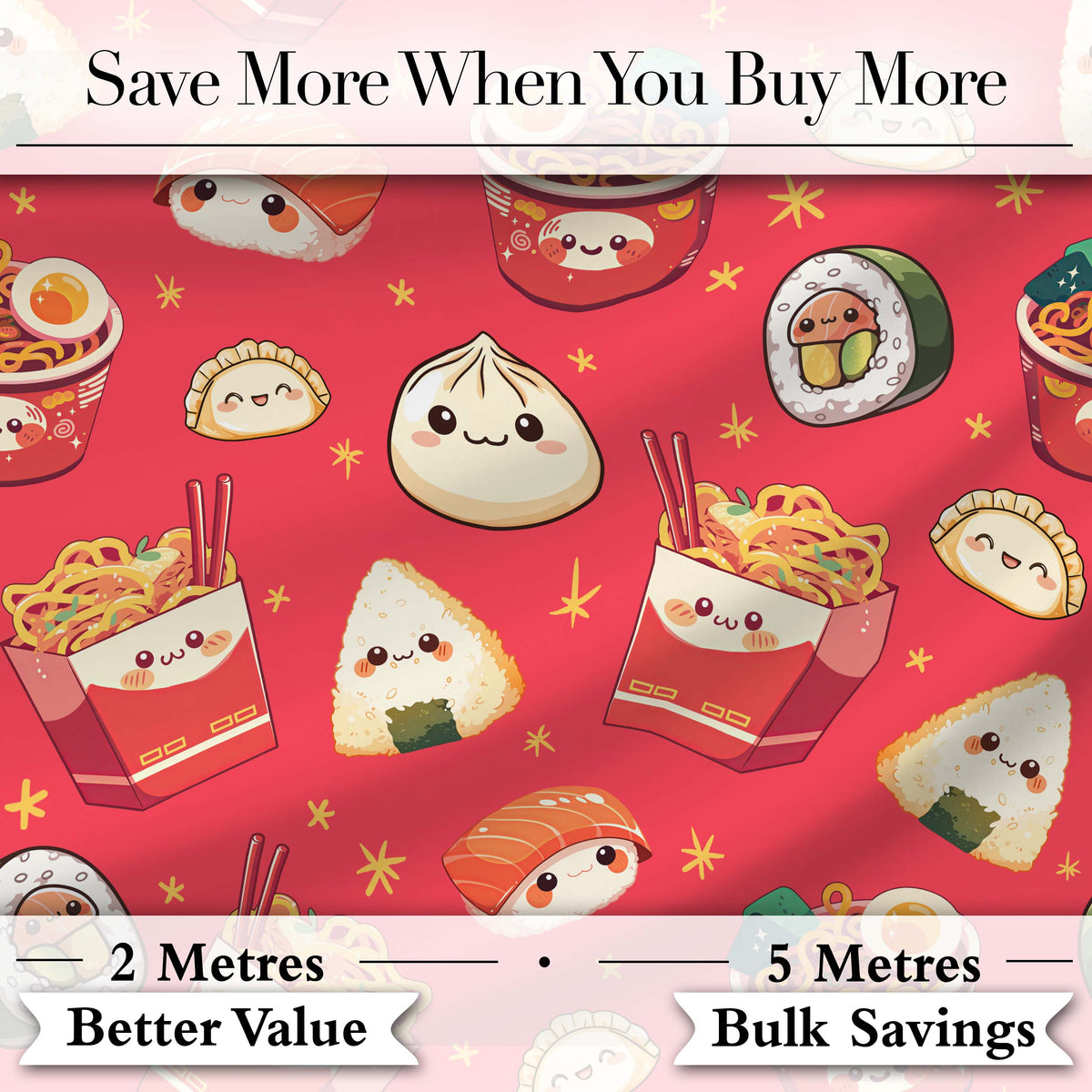 Cute Kawaii Sushi Ramen Dumpling Asian Food Seamless Pattern Red Background Digital Print Fabric by the Metre UK Sewing Quilting Textile