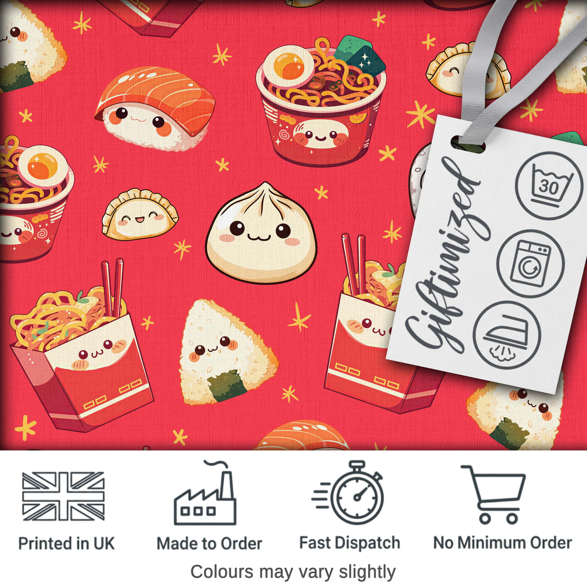 Cute Kawaii Sushi Ramen Dumpling Asian Food Seamless Pattern Red Background Digital Print Fabric by the Metre UK Sewing Quilting Textile