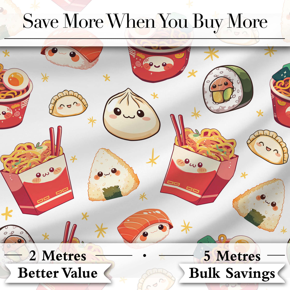Kawaii Sushi Ramen Dumpling Asian Food Seamless Pattern Light Grey Background Digital Print Fabric by the Metre UK Sewing Quilting Textile