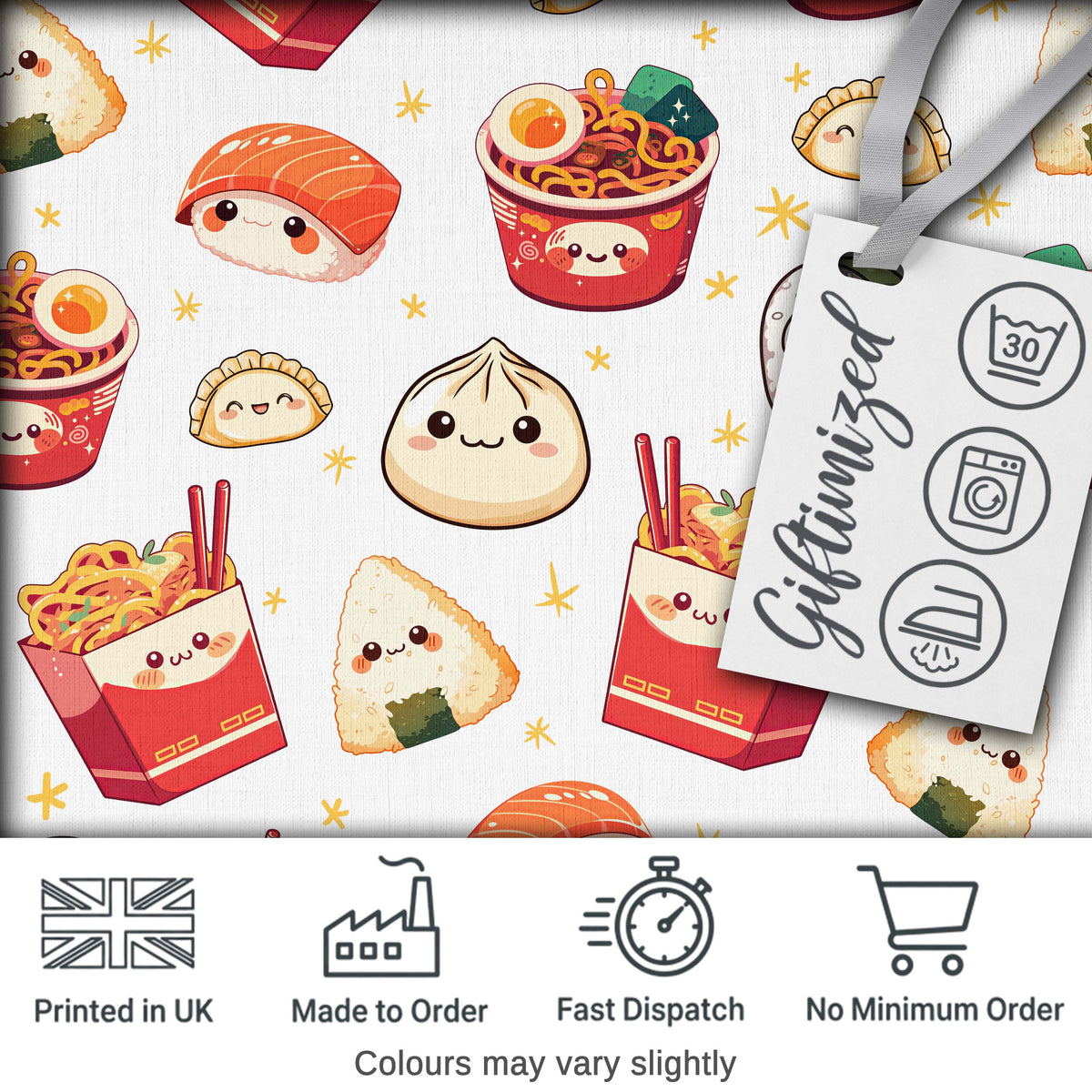 Kawaii Sushi Ramen Dumpling Asian Food Seamless Pattern Light Grey Background Digital Print Fabric by the Metre UK Sewing Quilting Textile