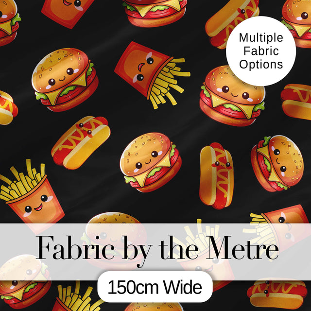 Cute Kawaii Burger Fries Hotdog Fast Food Seamless Pattern Black Background Digital Print Fabric by the Metre UK Sewing Quilting Textile
