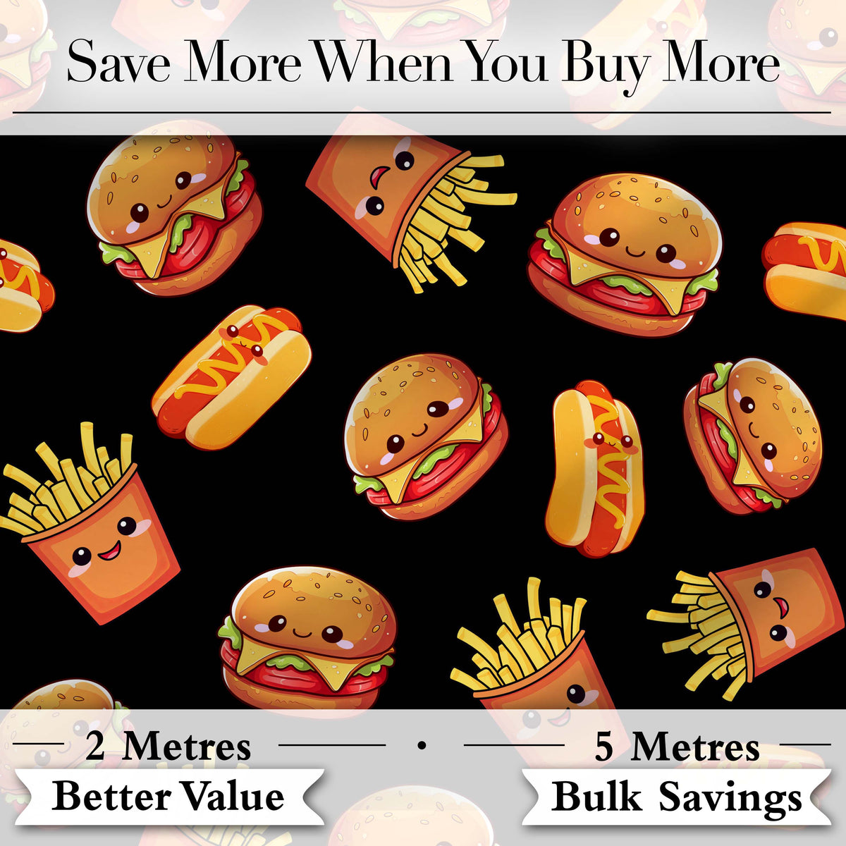 Cute Kawaii Burger Fries Hotdog Fast Food Seamless Pattern Black Background Digital Print Fabric by the Metre UK Sewing Quilting Textile
