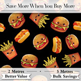 Cute Kawaii Burger Fries Hotdog Fast Food Seamless Pattern Black Background Digital Print Fabric by the Metre UK Sewing Quilting Textile