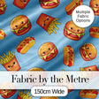 Cute Kawaii Burger Fries Hotdog Fast Food Seamless Pattern Blue Background Digital Print Fabric by the Metre UK Sewing Quilting Textile