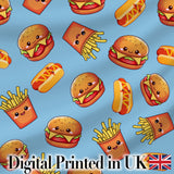 Cute Kawaii Burger Fries Hotdog Fast Food Seamless Pattern Blue Background Digital Print Fabric by the Metre UK Sewing Quilting Textile