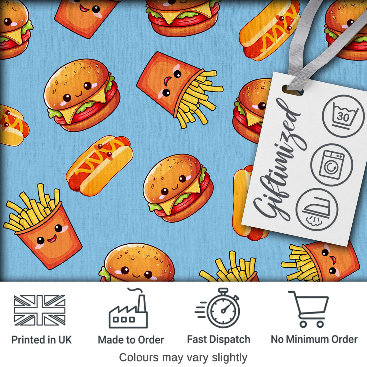 Cute Kawaii Burger Fries Hotdog Fast Food Seamless Pattern Blue Background Digital Print Fabric by the Metre UK Sewing Quilting Textile