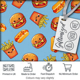 Cute Kawaii Burger Fries Hotdog Fast Food Seamless Pattern Blue Background Digital Print Fabric by the Metre UK Sewing Quilting Textile