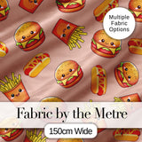 Cute Kawaii Burger Fries Hotdog Fast Food Seamless Pattern Beige Background Digital Print Fabric by the Metre UK Sewing Quilting Textile